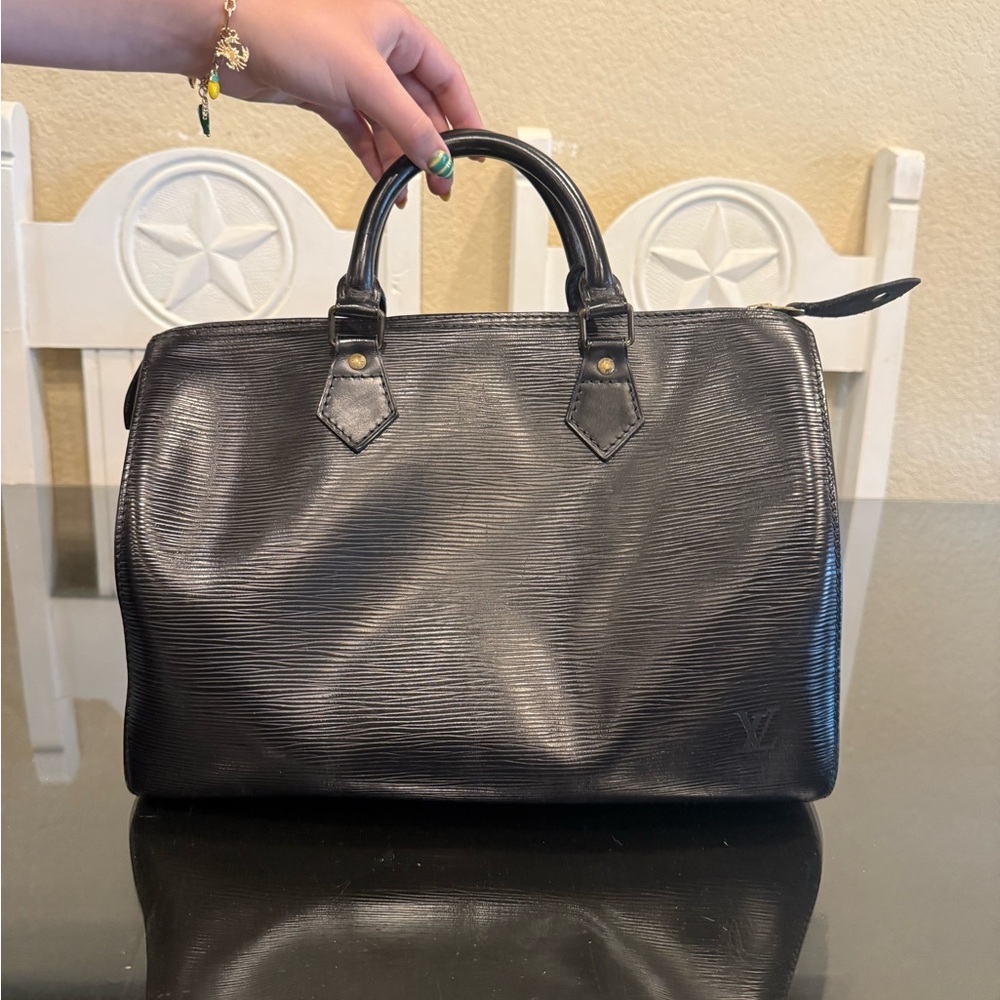 Louis Vuitton Black Leather Tote with Gold Accents